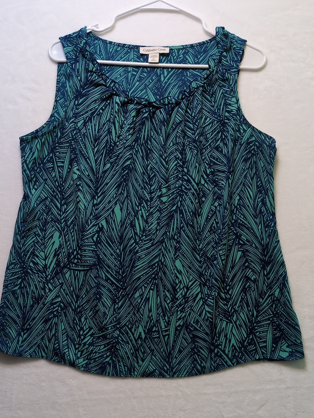 Coldwater Creek Green Teal Palm Leaf Braided Trim Tank Top M 10-12